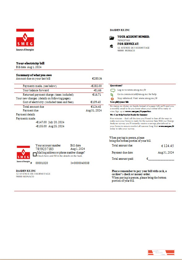 Monaco SMEG electricity business utility bill template in Word and PDF formats